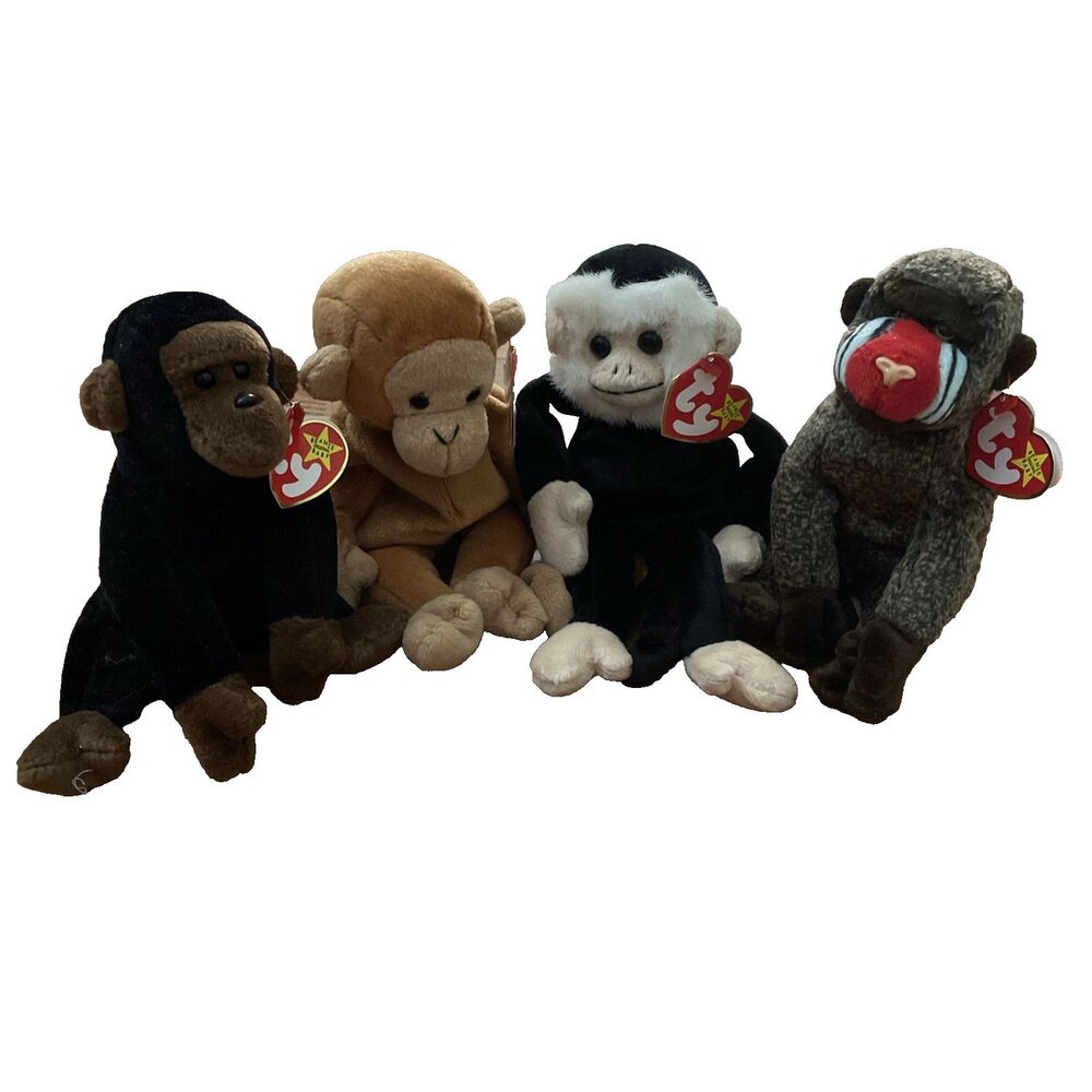 TY Lot Of 4 1990s Retired Monkey Beanie Babies Bongo Congo Cheeks Mooch